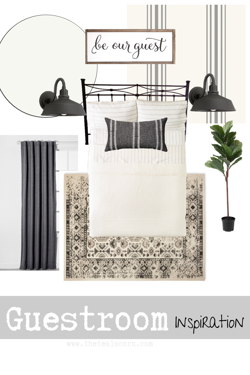 Black and white neutral mood board with iron bed frame